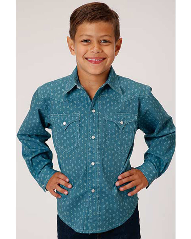 Roper Boys' West Made Turquoise Two Tone Geo Print Long Sleeve Western Shirt , Turquoise, hi-res