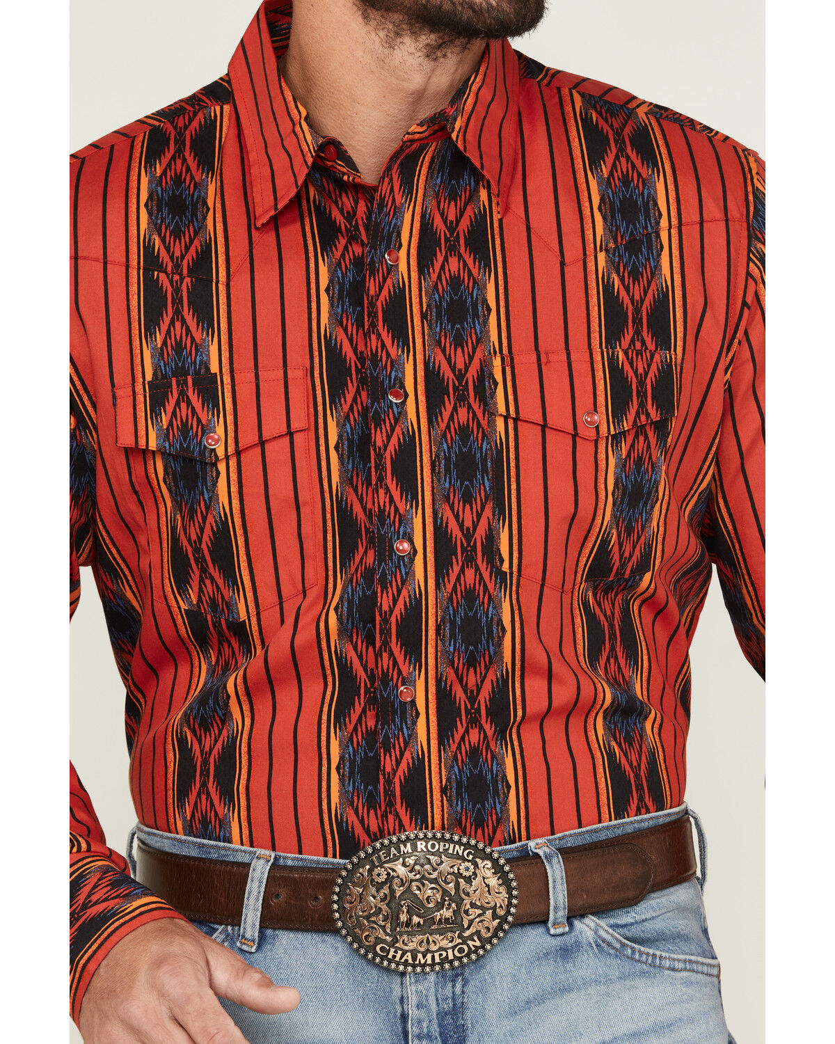 Image #3 - Wrangler Men's Checotah Southwestern Striped Print Long Sleeve Pearl Snap Western Shirt - Tall, Red, hi-res