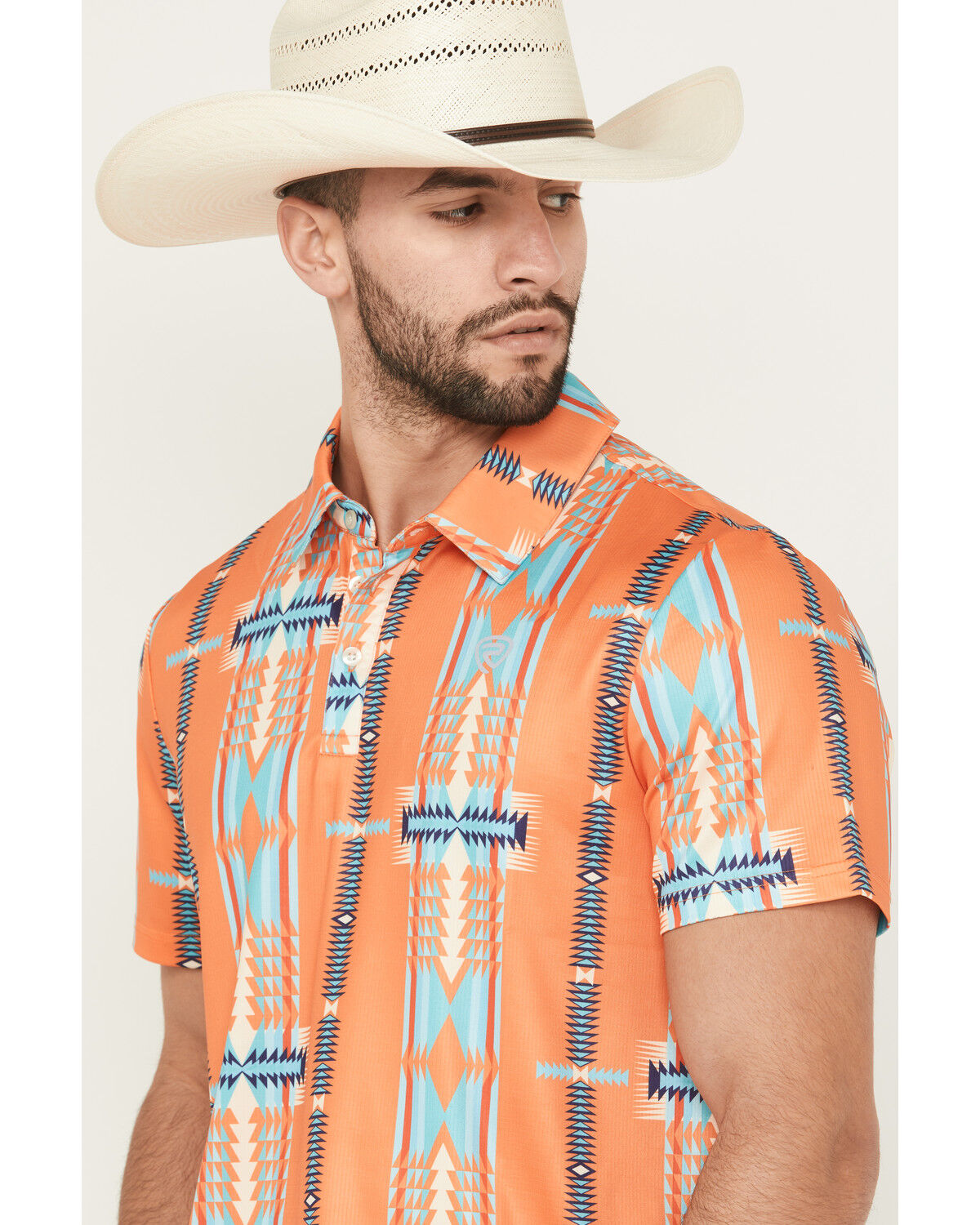 Image #2 - Rock & Roll Denim Men's Boot Barn Exclusive Southwestern Striped Short Sleeve Button-Down Polo, Orange, hi-res