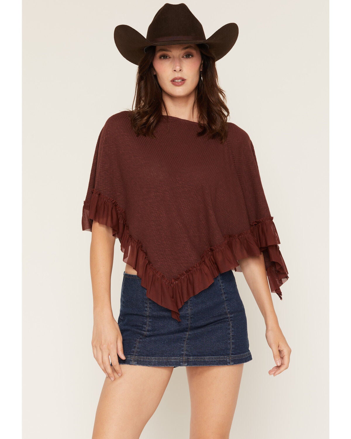 Wild Moss Women's Ruffle Trim Poncho, Burgundy, hi-res