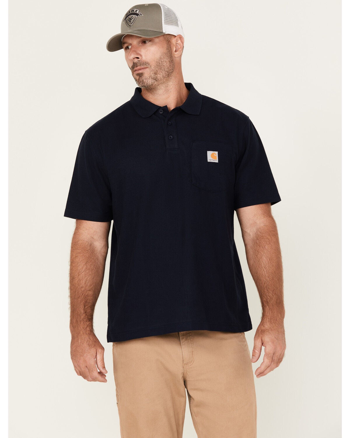 Carhartt Men's Loose Fit Midweight Short Sleeve Button-Down Polo Shirt, Navy, hi-res