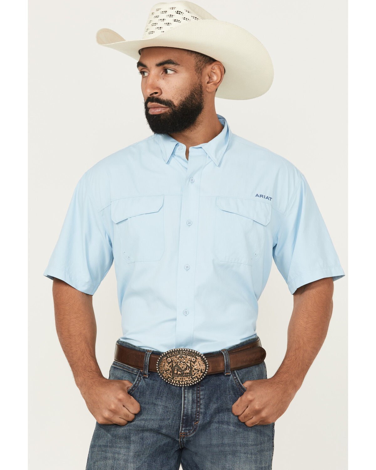 Image #1 - Ariat Men's VentTEK Solid Outbound Short Sleeve Button-Down Shirt - Big, Light Blue, hi-res