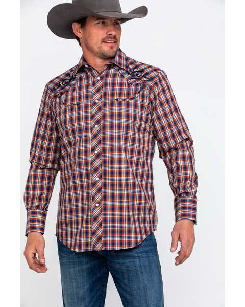 Roper Men's Fancy Small Plaid Embroidered Long Sleeve Western Shirt  , Brown, hi-res