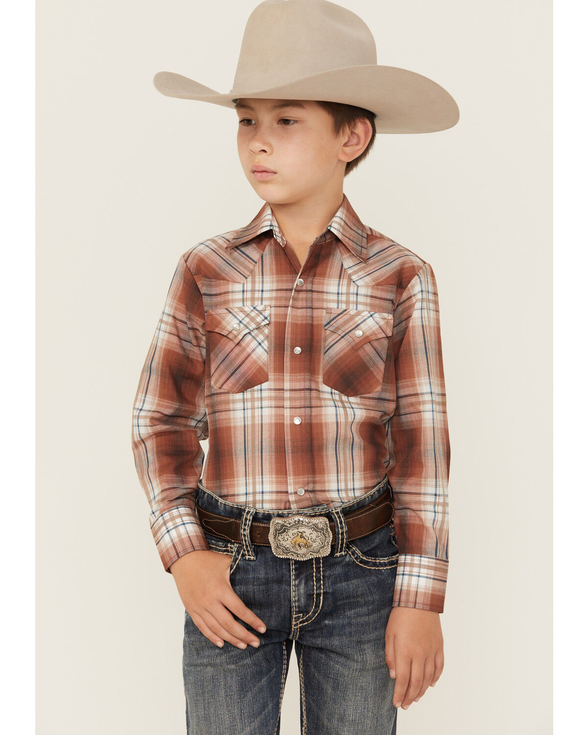 Image #1 - Ely Walker Boys' Plaid Print Long Sleeve Pearl Snap Western Shirt, Rust Copper, hi-res
