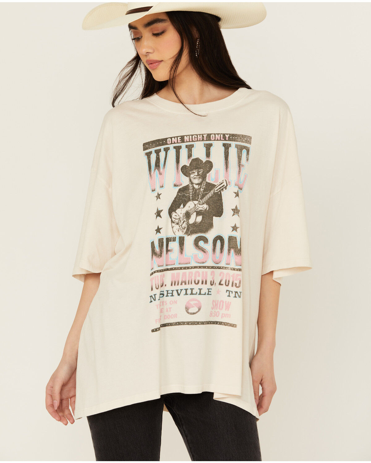 Image #1 - Day Dreamer Women's Willie Nelson Short Sleeve Oversized Graphic Tee, White, hi-res