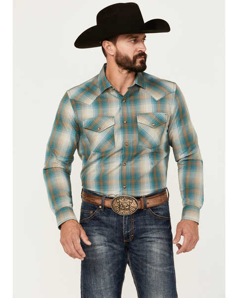 Pendleton Men's Frontier Plaid Print Long Sleeve Snap Western Shirt, Teal, hi-res