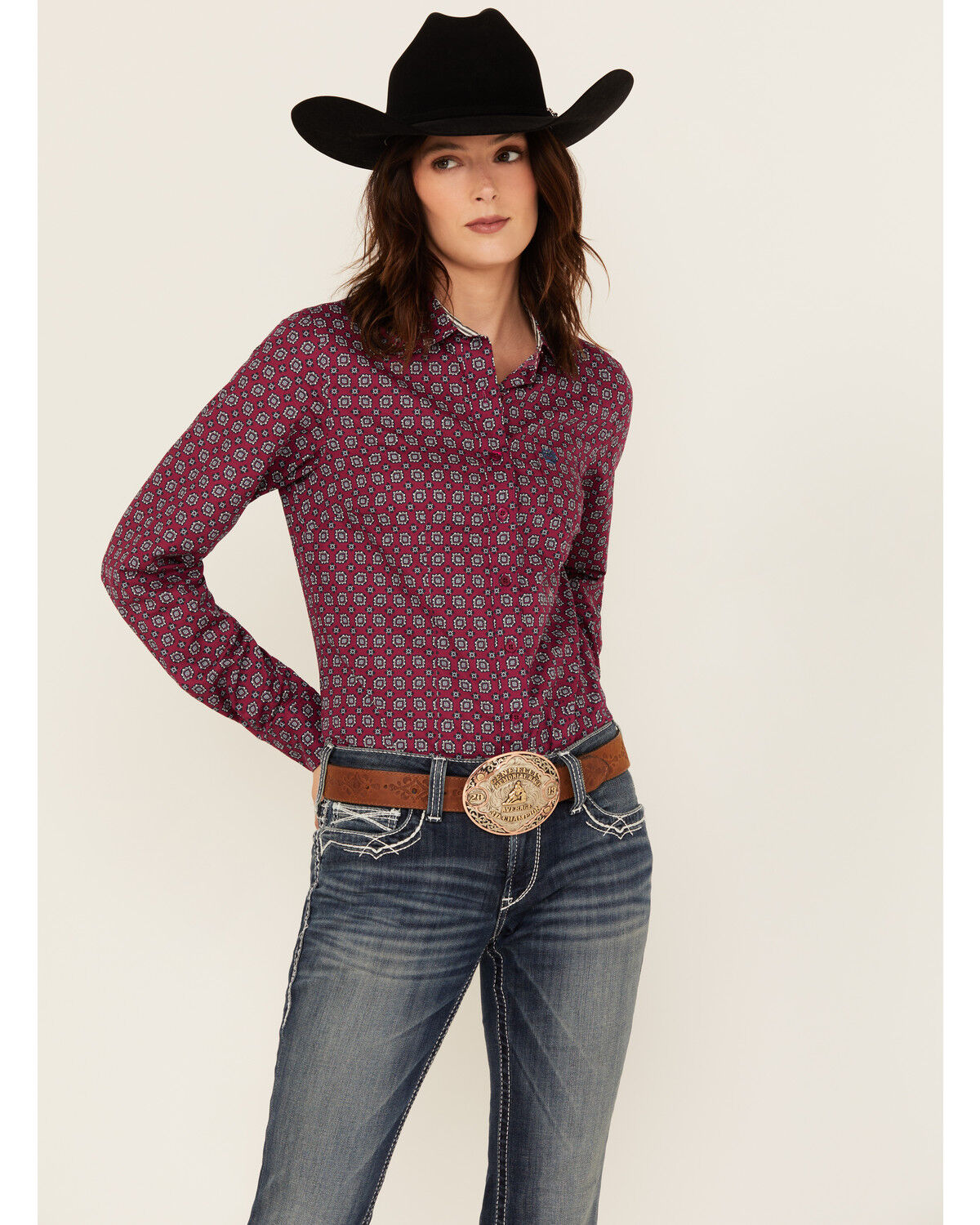 Image #1 - Cinch Women's Geo Print Long Sleeve Button-Down Western Shirt, Burgundy, hi-res