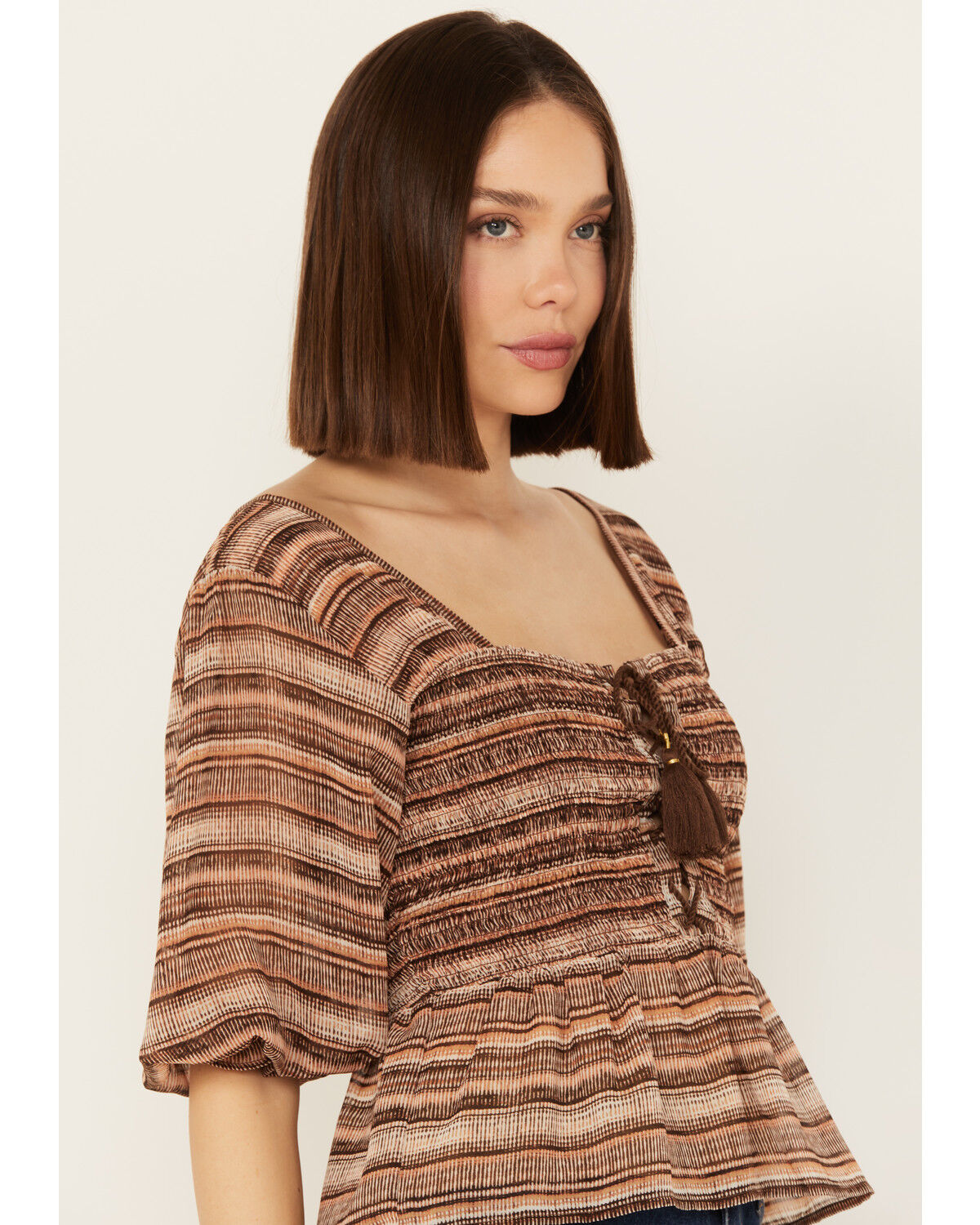Image #2 - Shyanne Women's Smocked Lace-Up Print Top, Medium Brown, hi-res