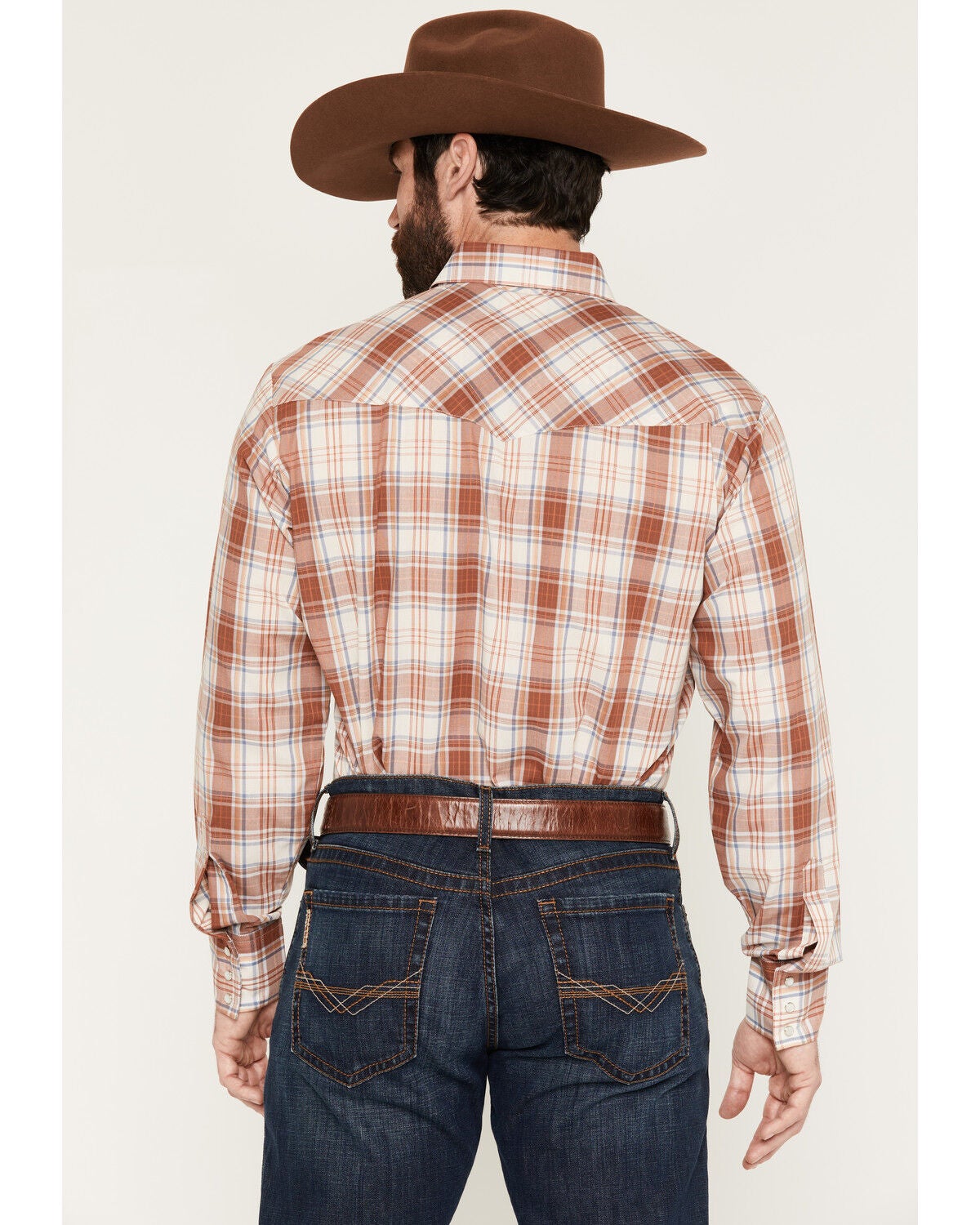 Image #4 - Ely Walker Men's Plaid Print Long Sleeve Pearl Snap Western Shirt, Rust Copper, hi-res