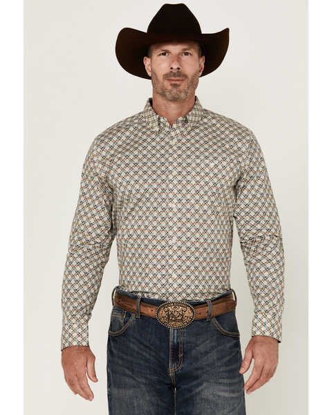 RANK 45® Men's Libreville Geo Print Long Sleeve Button-Down Performance Stretch Western Shirt , Dark Blue, hi-res