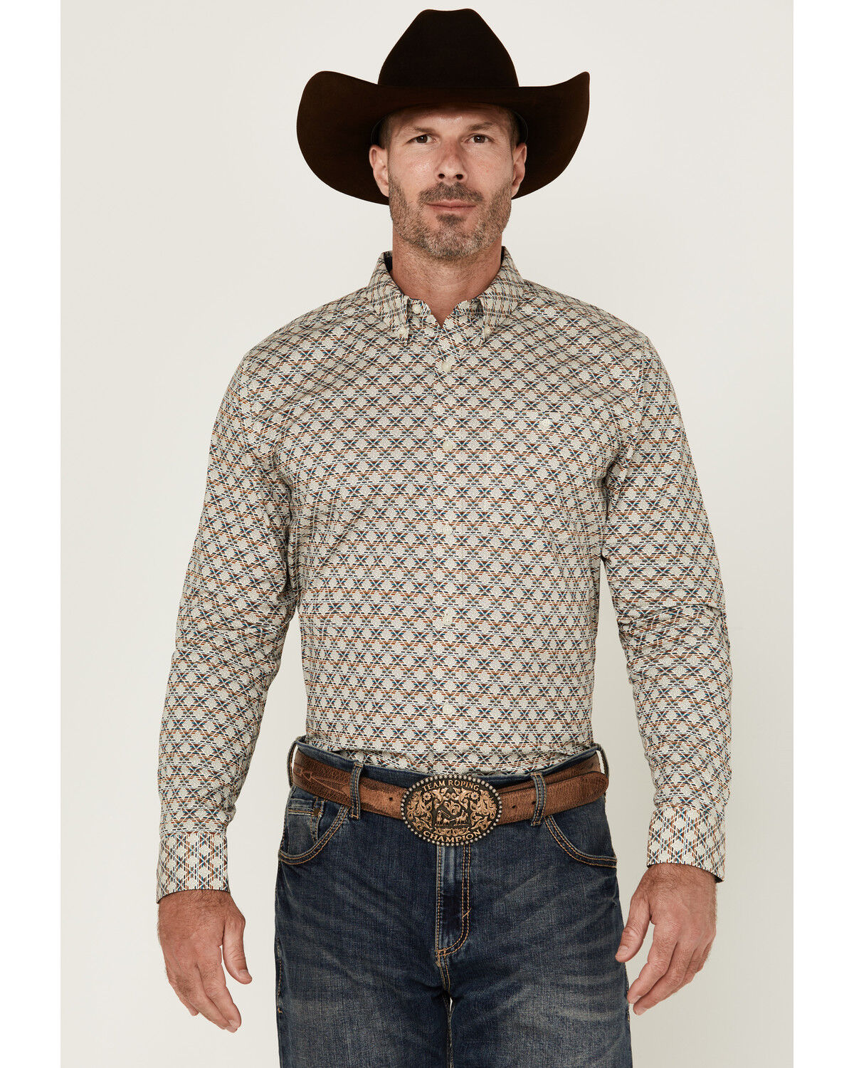 Image #1 - RANK 45® Men's Libreville Geo Print Long Sleeve Button-Down Performance Stretch Western Shirt, Dark Blue, hi-res