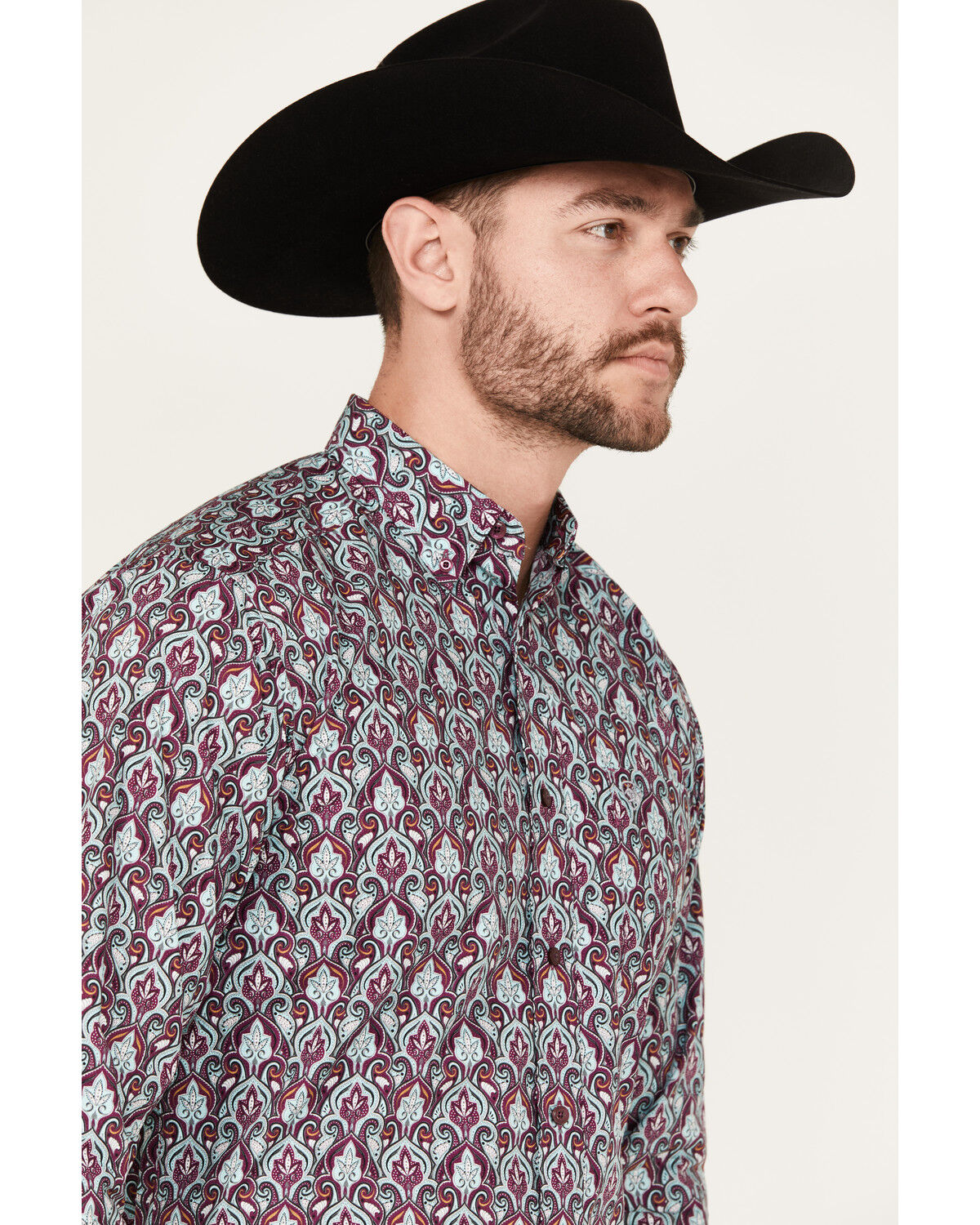 Image #2 - Ariat Men's Stefan Paisley Print Long Sleeve Button-Down Western Shirt, Magenta, hi-res