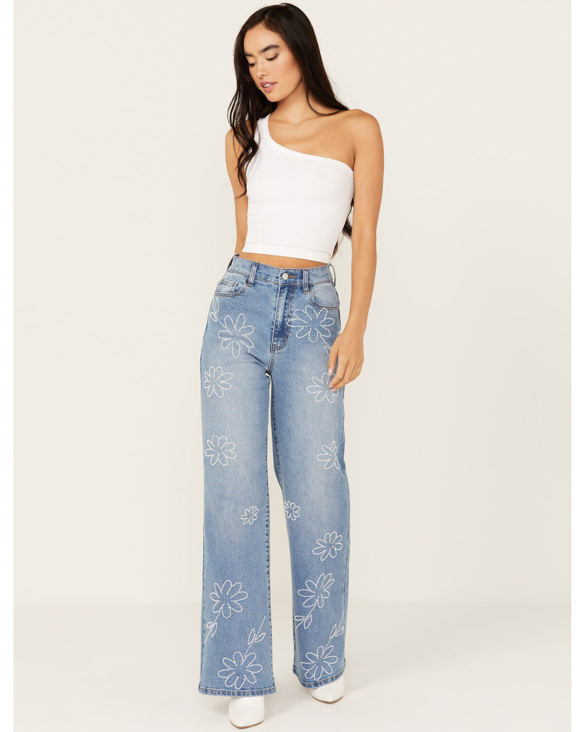 Image #1 - Vibrant Denim Women's Medium Wash High Rise Floral Stretch Wide Leg Jeans, Medium Wash, hi-res