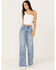 Image #1 - Vibrant Denim Women's Medium Wash High Rise Floral Stretch Wide Leg Jeans, Medium Wash, hi-res