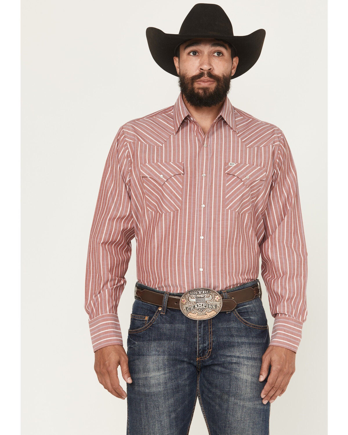Ely Walker Men's Striped Long Sleeve Pearl Snap Western Shirt, Red, hi-res