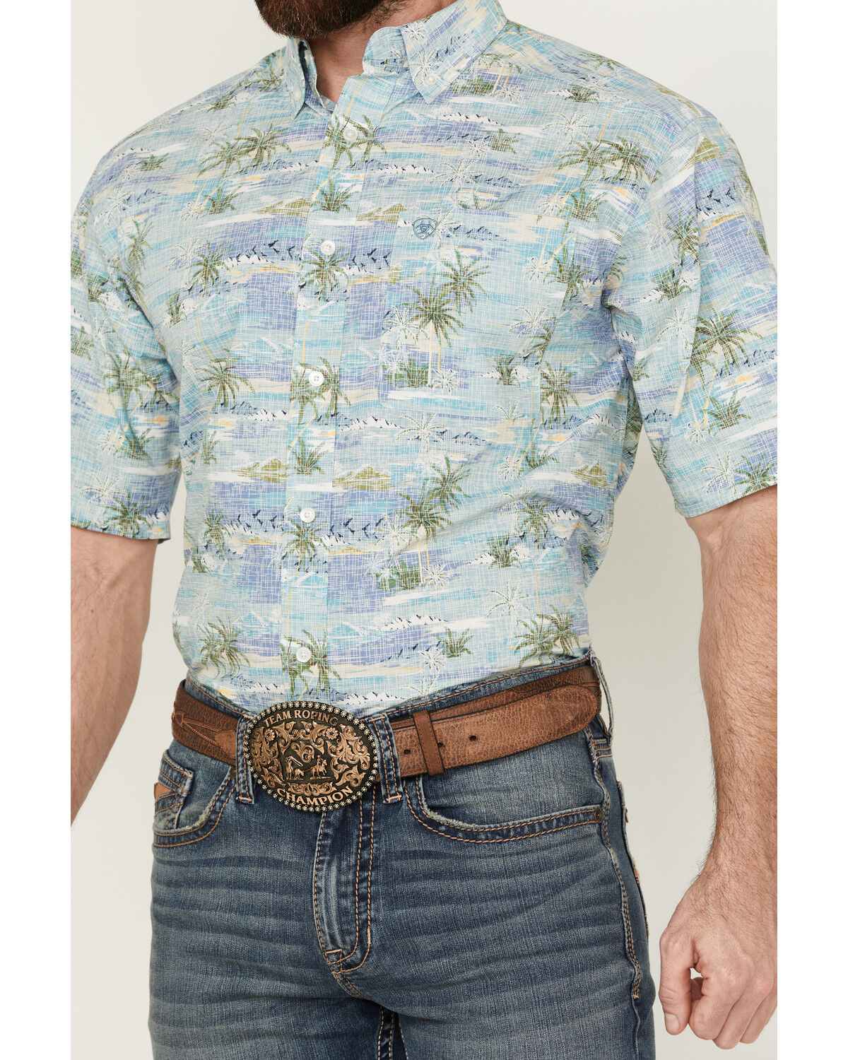 Image #3 - Ariat Men's Edwin Palm Tree Island Print Short Sleeve Button-Down Western Shirt, Blue, hi-res