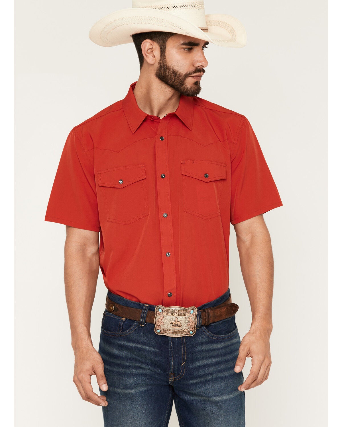 RANK 45&reg; Men's Ridge Solid Rodeo Tech 2.0 Short Sleeve Pearl Snap Western Shirt, Red, hi-res