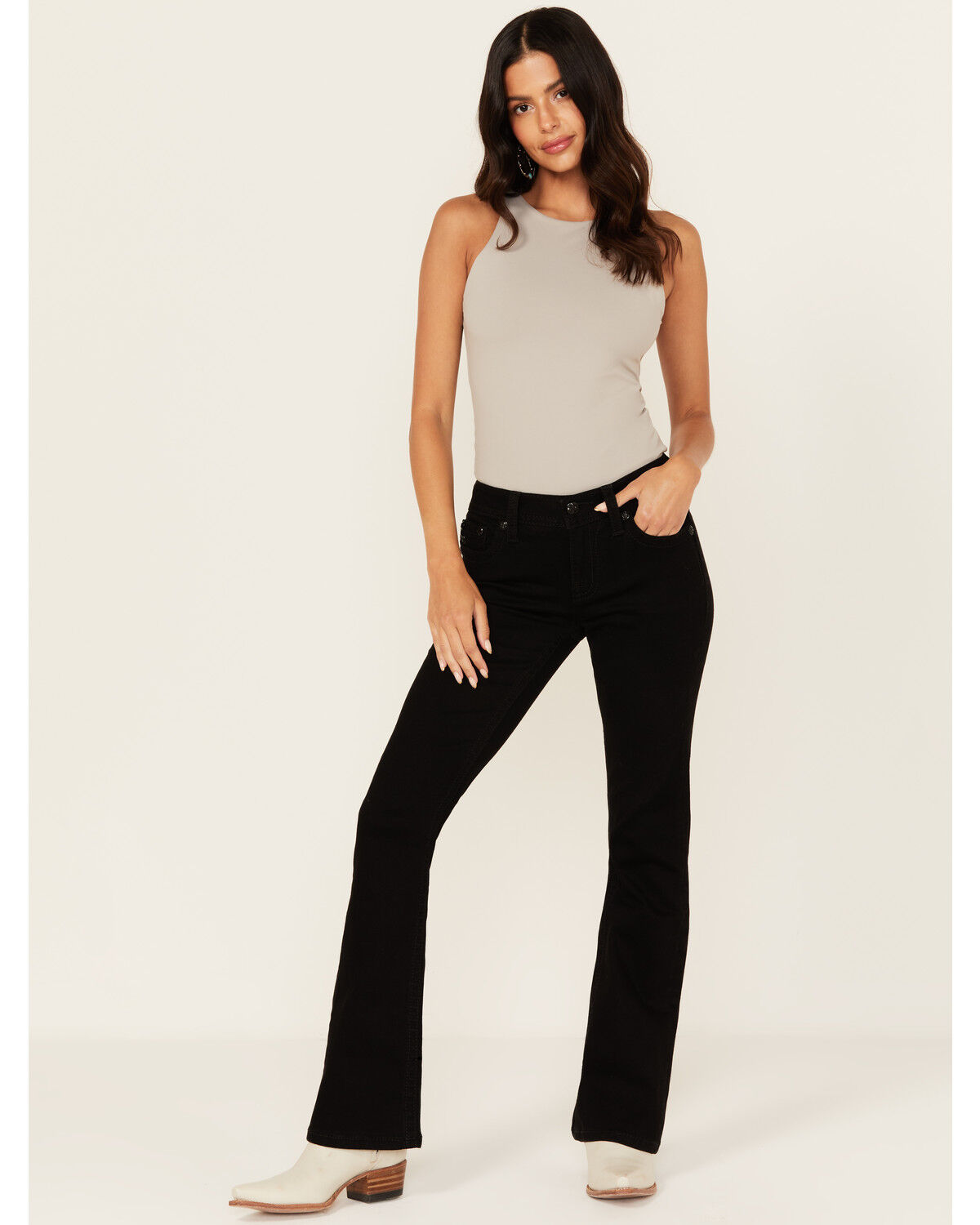 Image #3 - Miss Me Women's Mid Rise Cross Pocket Bootcut Stretch Denim Jeans, Black, hi-res