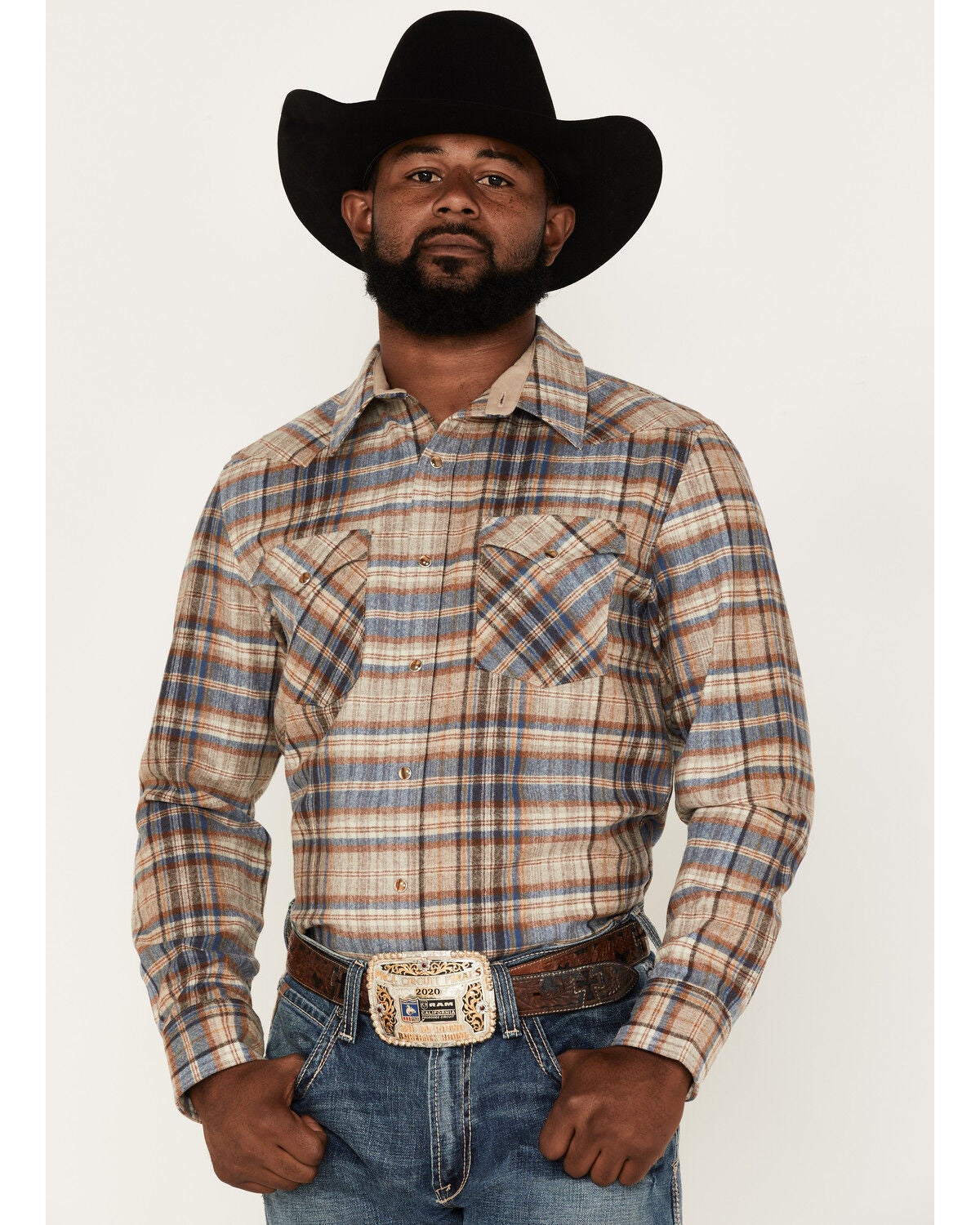 Pendleton Men's Canyon Small Plaid Snap Western Flannel Shirt, Brown, hi-res