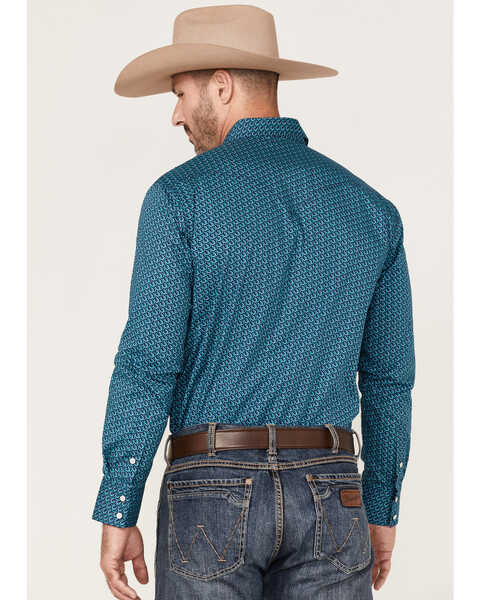 Image #4 - Rock & Roll Denim Men's All-Over Horseshoe Print Long Sleeve Snap Western Shirt , Turquoise, hi-res