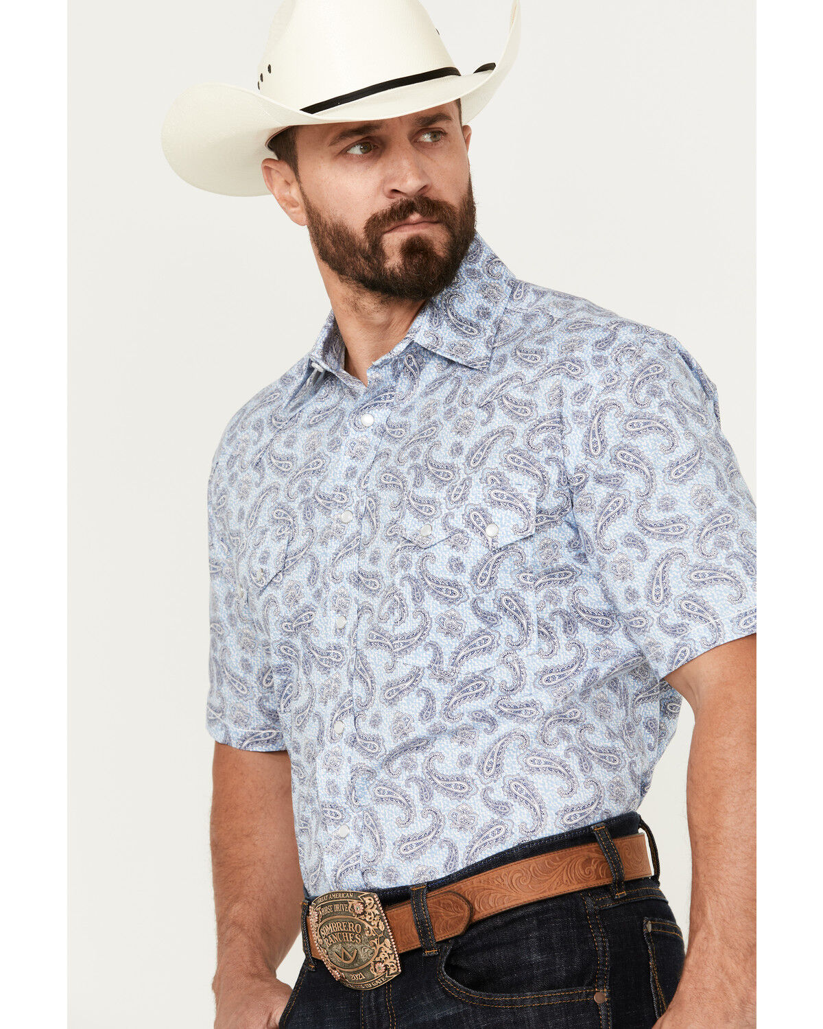 Image #2 - Rough Stock by Panhandle Men's Stretch Paisley Print Short Sleeve Pearl Snap Western Shirt, , hi-res