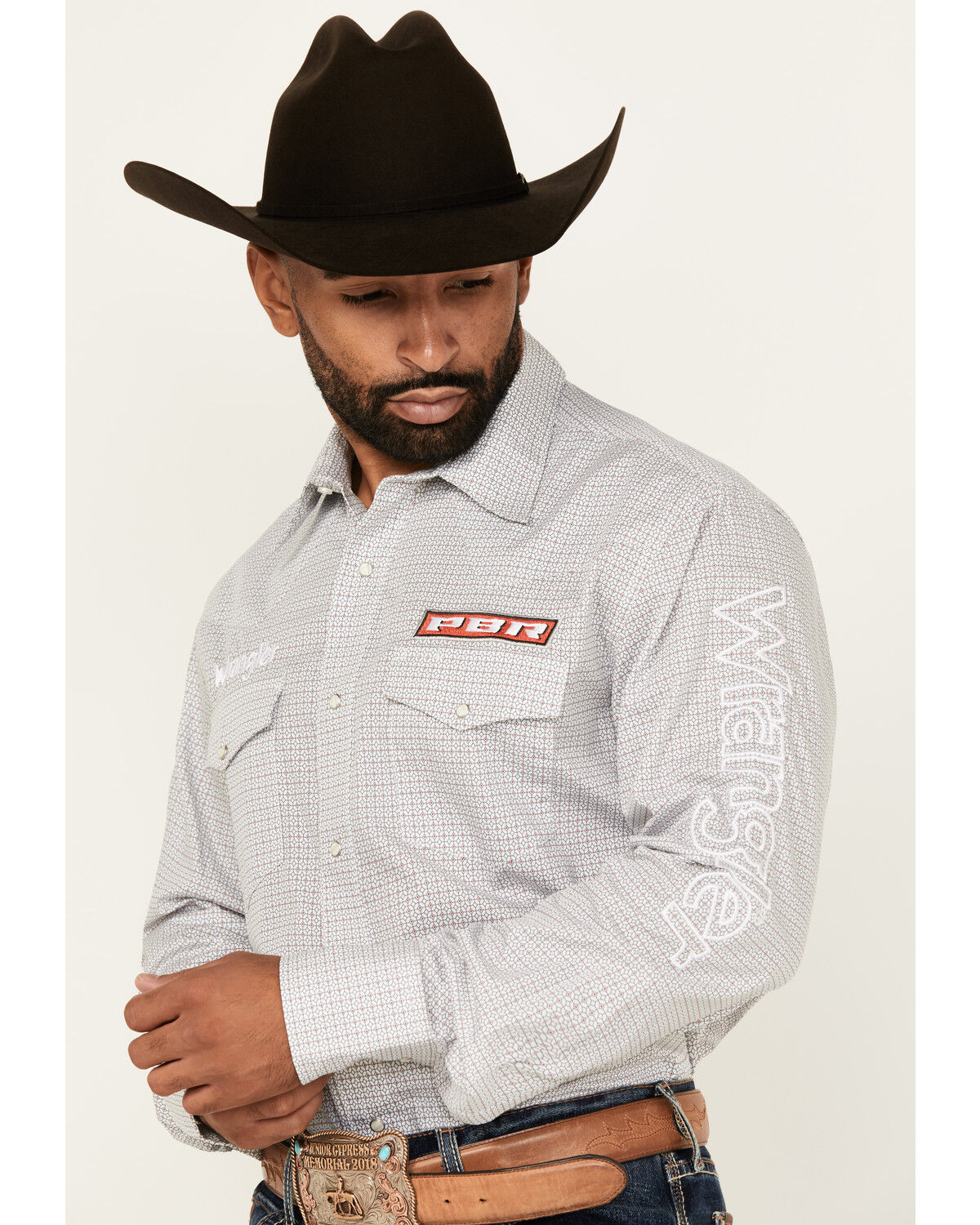 Image #2 - Wrangler Men's PBR Logo Printed Long Sleeve Snap Western Shirt, White, hi-res