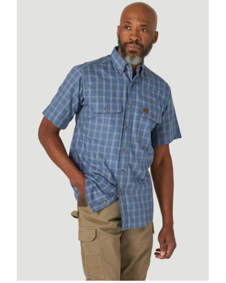 Wrangler Riggs Men's Performance Forman Indigo Plaid Short Sleeve Button-Down Work Shirt , Indigo, hi-res