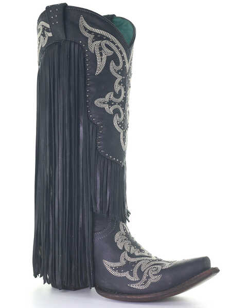 Corral Women's Embroidered & Studded Fringe Top Western Boots - Snip Toe, Black, hi-res
