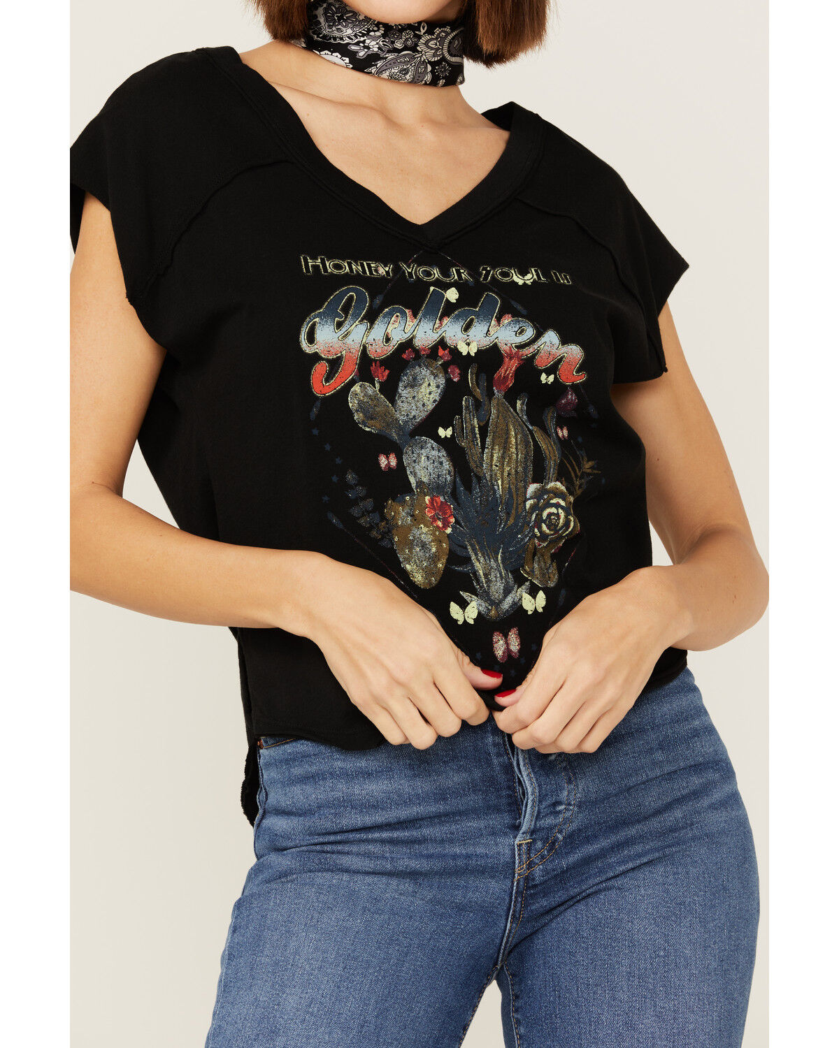 Image #2 - Shyanne Women's Honey Your Soul Is Golden Cactus Graphic Tee, Black, hi-res