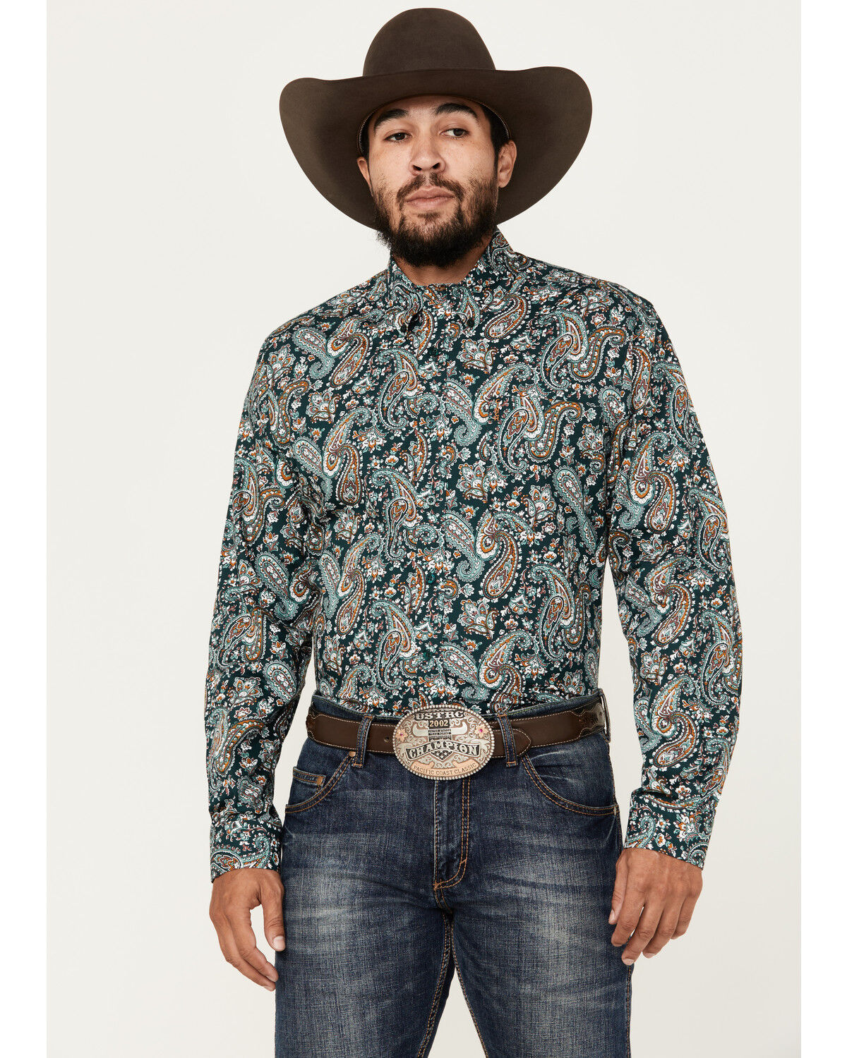 Image #1 - Cinch Men's Paisley Print Long Sleeve Button-Down Western Shirt, Dark Green, hi-res