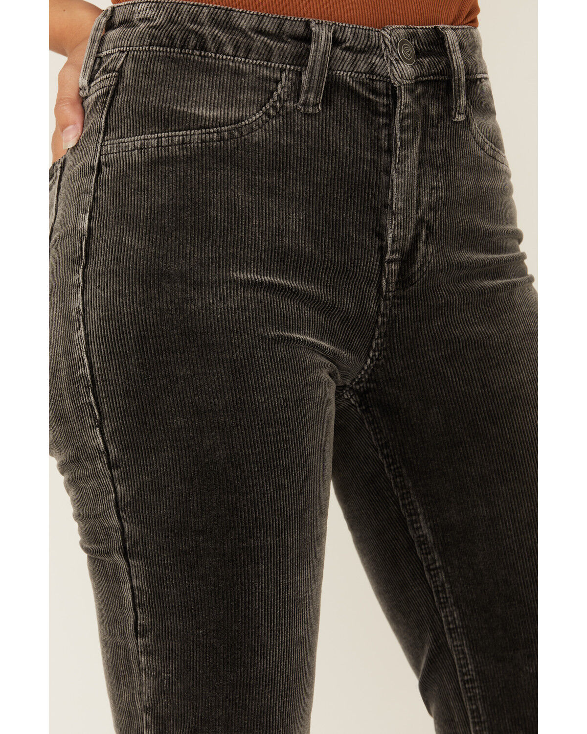 Image #2 - Rock & Roll Denim Women's High Rise Corduroy Bargain Modest Bootcut Stretch Jeans, Charcoal, hi-res