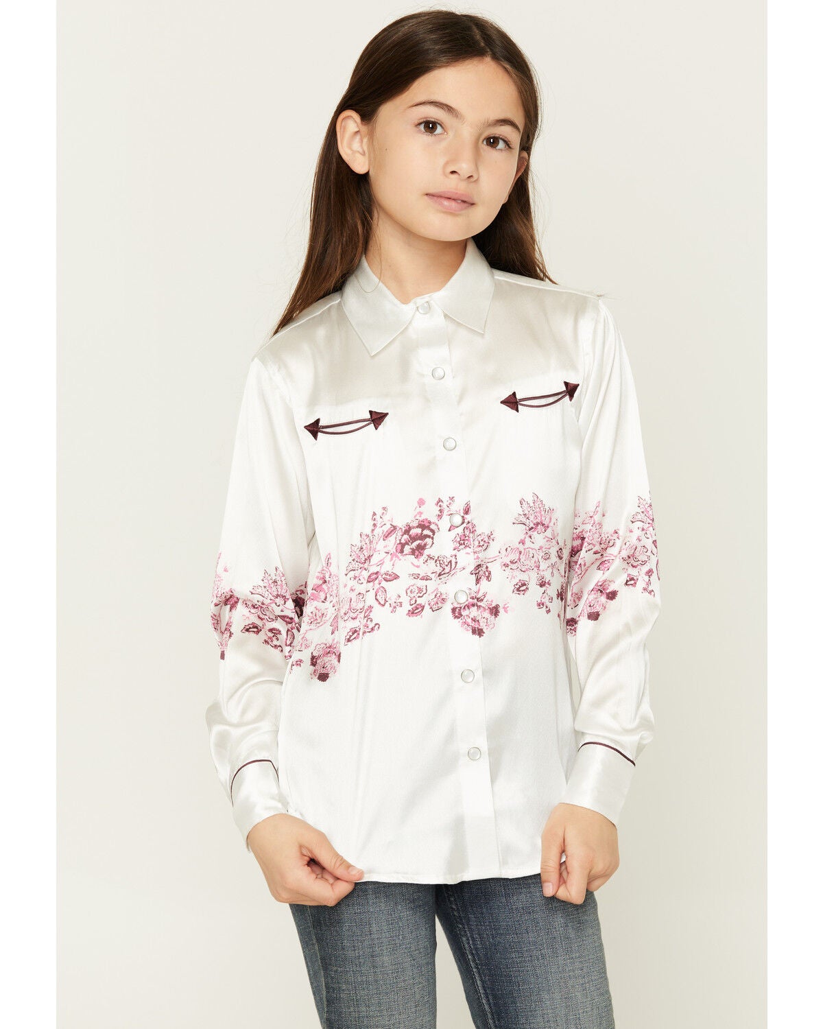 Cowgirl Hardware Girls' Wild Flower Long Sleeve Pearl Snap Western Shirt, White, hi-res