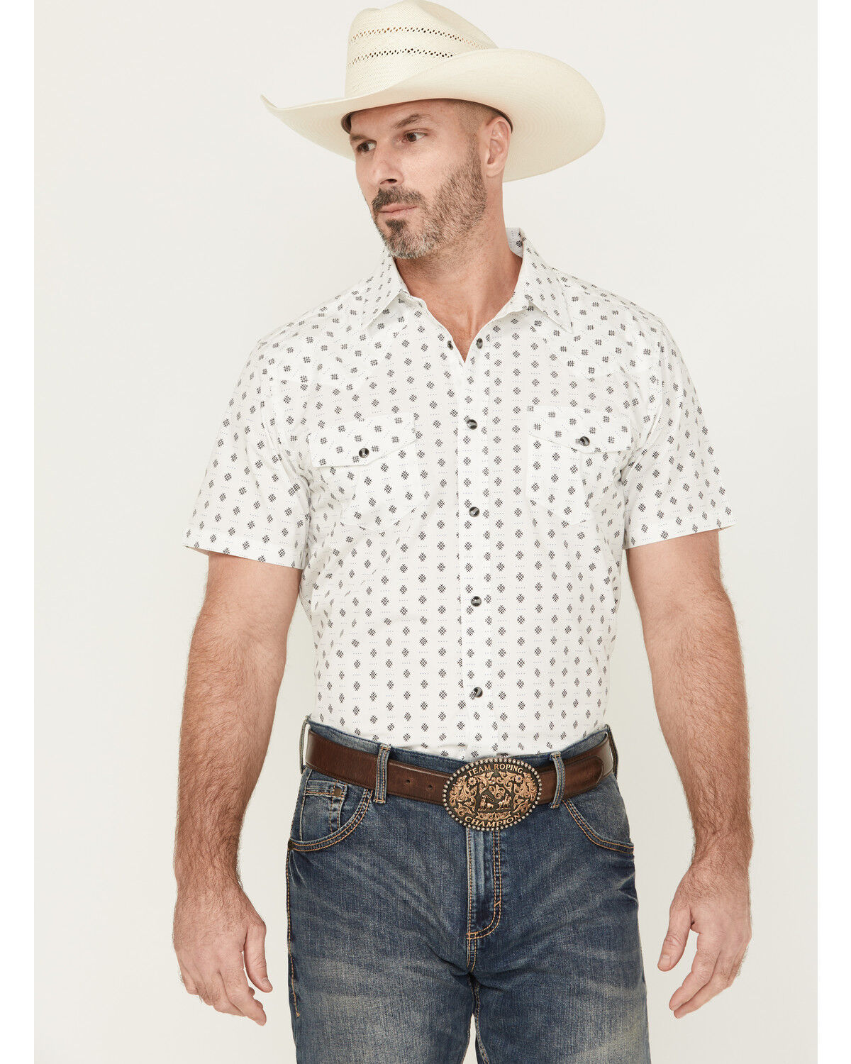 Image #1 - Gibson Trading Co Men's Sun Dial Geo Print Short Sleeve Snap Stretch Western Shirt, White, hi-res