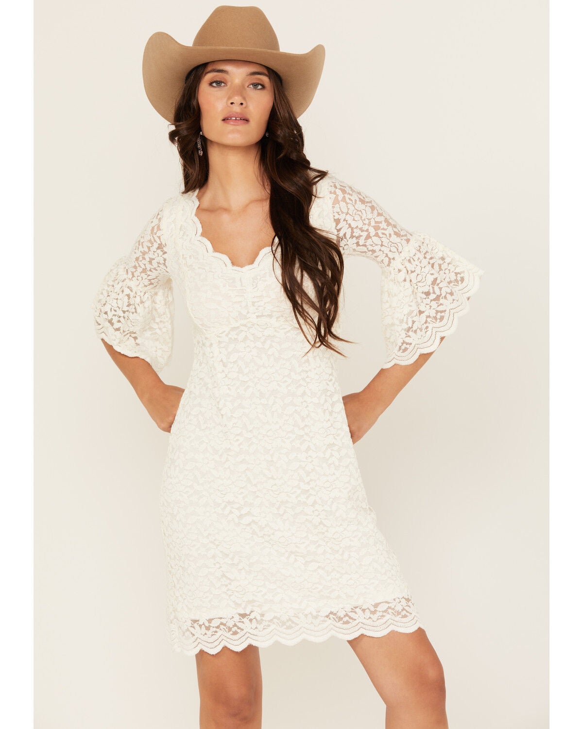 Shyanne Women's Lace Bell Sleeve Mini Dress, Off White, hi-res