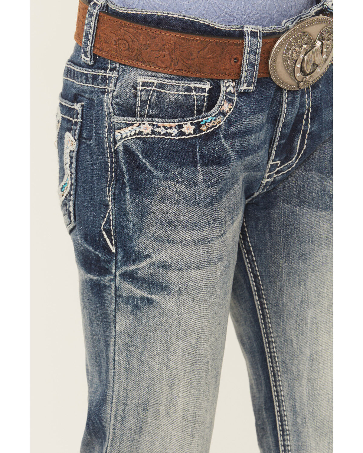 Image #4 - Grace in LA Little Girls' Light Wash Double Horseshoe Pocket Bootcut Stretch Denim Jeans, Blue, hi-res