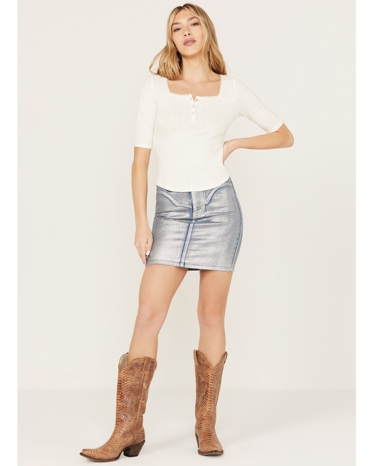 Image #2 - Idyllwind Women's Goldfinch Gypsy High Rise Denim Foiled Skirt, Light Medium Wash, hi-res