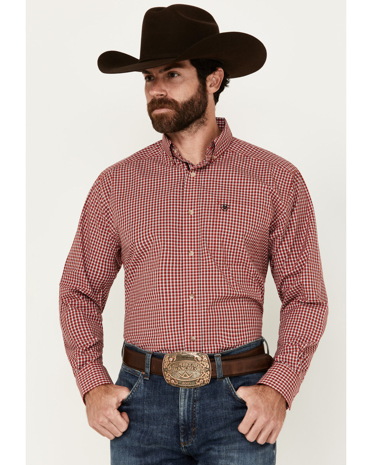Image #1 - Ariat Men's Porter Plaid Print Long Sleeve Button-Down Performance Shirt - Tall, Red, hi-res