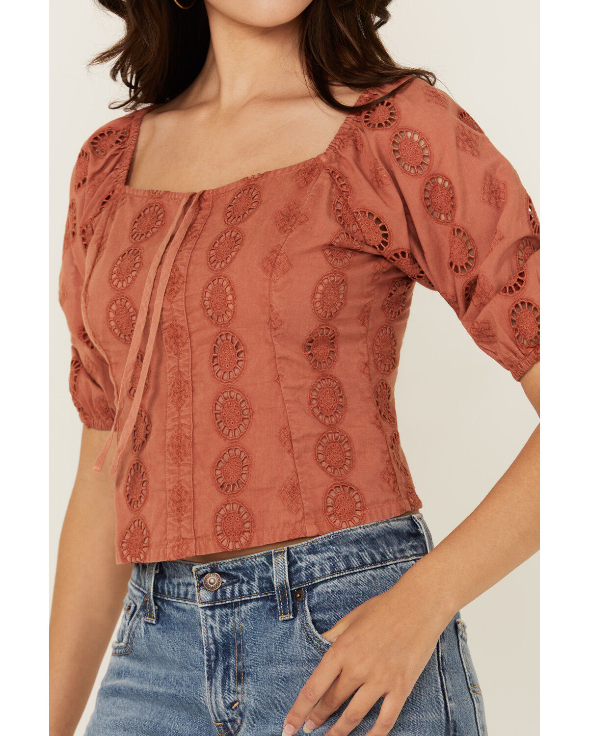 Image #3 - Shyanne Women's Tie-Front Short Sleeve Eyelet Top, Mauve, hi-res