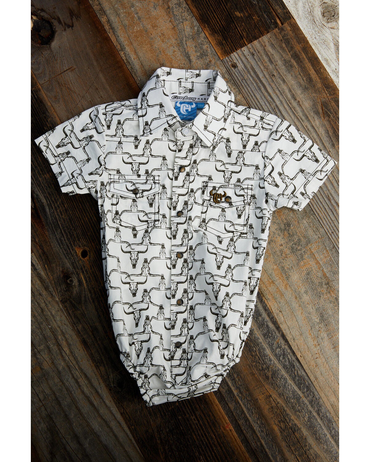 Cowboy Hardware Infant Boys' Cow Skull Print Short Snap Onesie, White, hi-res