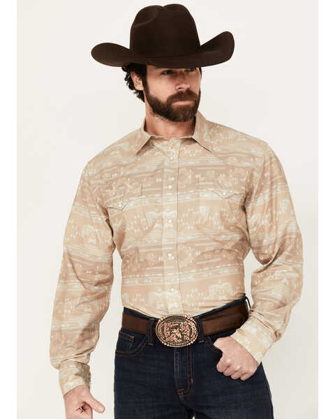 Roper Men's West Made Southwestern Print Long Sleeve Pearl Snap Western Shirt , Tan, hi-res