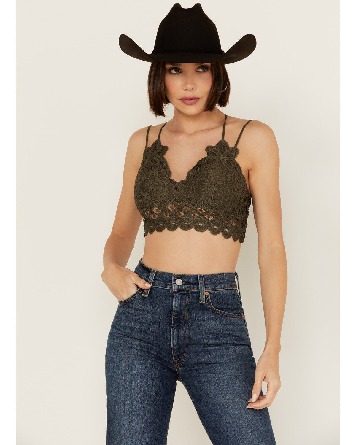 Image #1 - Wishlist Women's Strappy Lace Applique Scallop Lace Bralette, Olive, hi-res