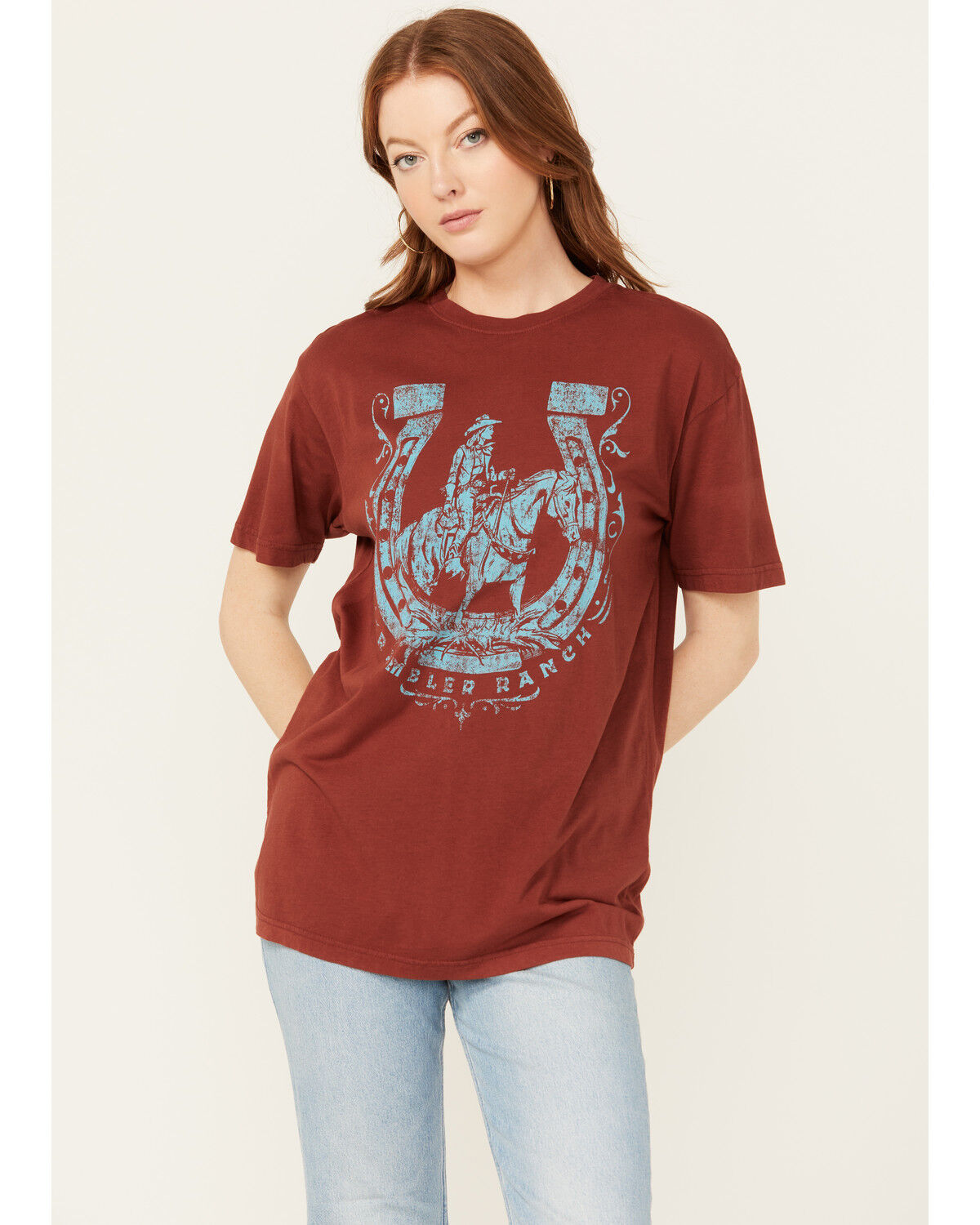 Image #1 - American Highway Women's Rambler Ranch Horseshoe Short Sleeve Graphic Tee, Rust Copper, hi-res