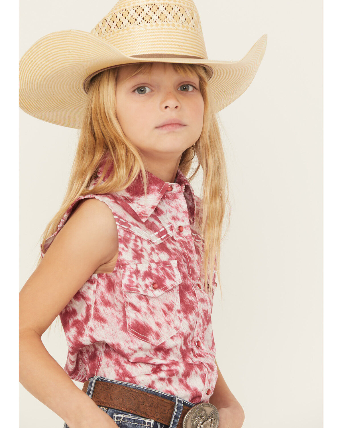 Image #2 - Cowgirl Hardware Girls' Cowhide Print Sleeveless Snap Stretch Western Shirt, Pink, hi-res