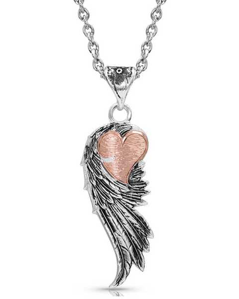 Montana Silversmiths Women's Rose Gold Heart Strings Feather Necklace, Silver, hi-res