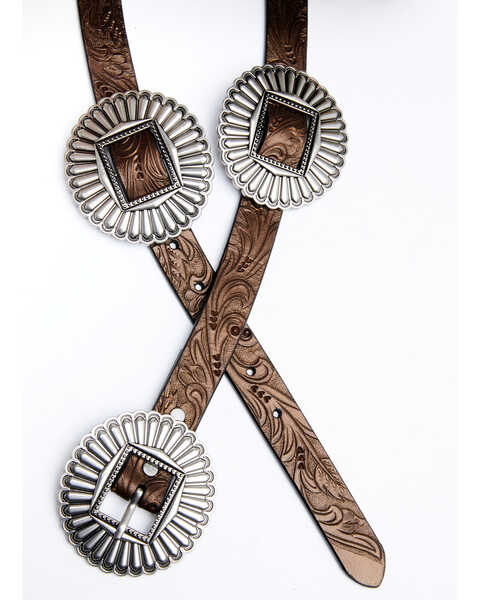 Image #2 - Shyanne Women's Tooled Metallic Concho Belt, Dark Brown, hi-res