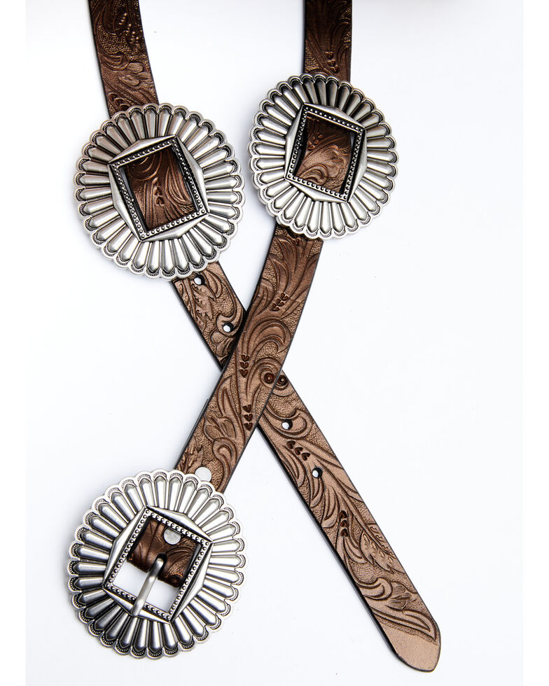 Shyanne Women's Tooled Metallic Concho Belt, Dark Brown, hi-res