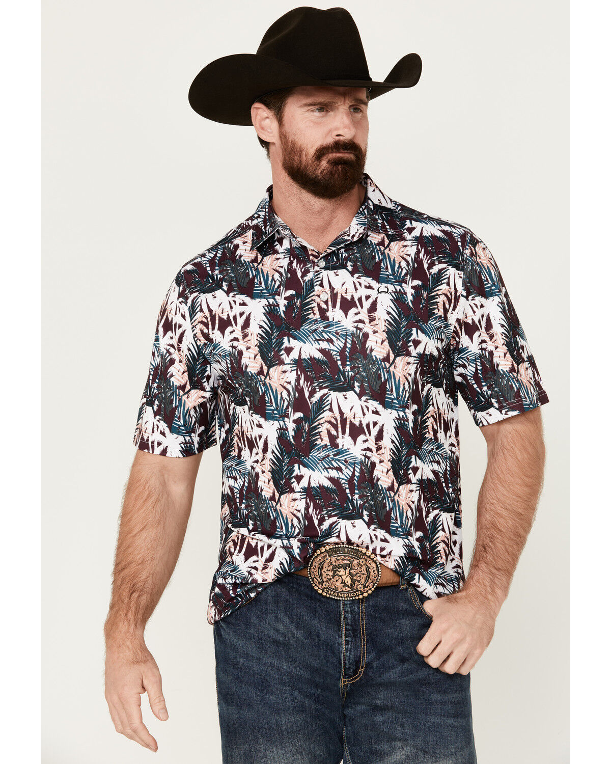 Image #1 - Cinch Men's ARENAFLEX® Palm Leaf Print Short Sleeve Performance Polo, Purple, hi-res