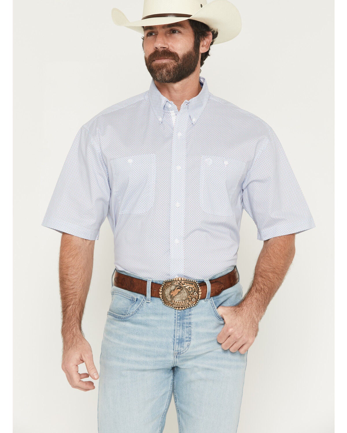 George Strait by Wrangler Men's Geo Print Short Sleeve Button-Down Stretch Western Shirt, Blue, hi-res