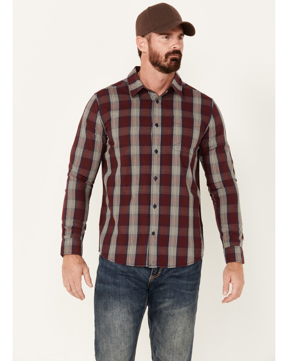 Brothers and Sons Men's Blaine Plaid Print Long Sleeve Button Down Shirt, Burgundy, hi-res