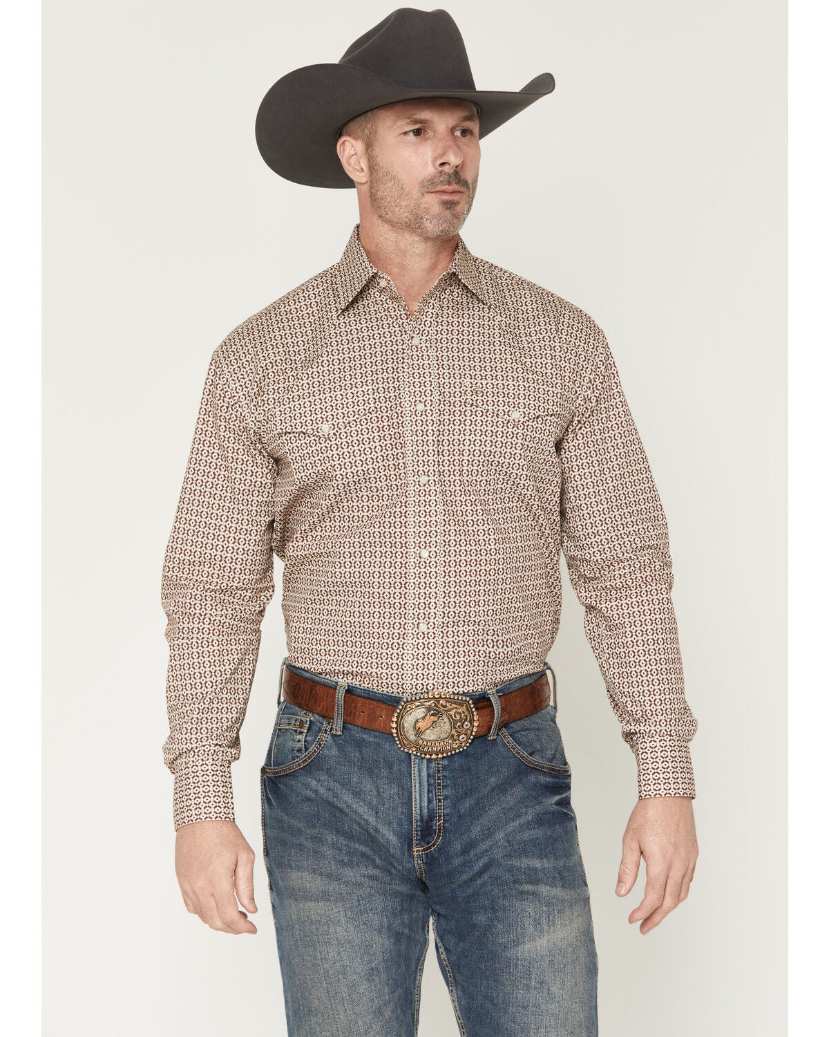 Image #1 - Stetson Men's Geo Print Long Sleeve Pearl Snap Western Shirt, Burgundy, hi-res